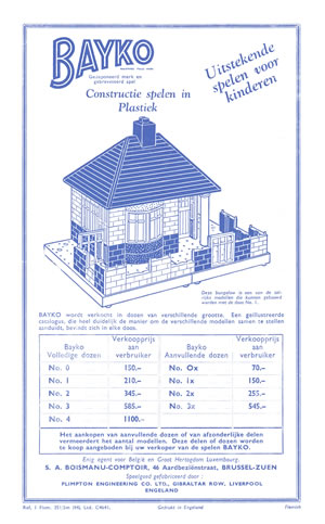 Back page of 1951 Belgian flier showing a model and BAYKO details in Flemish